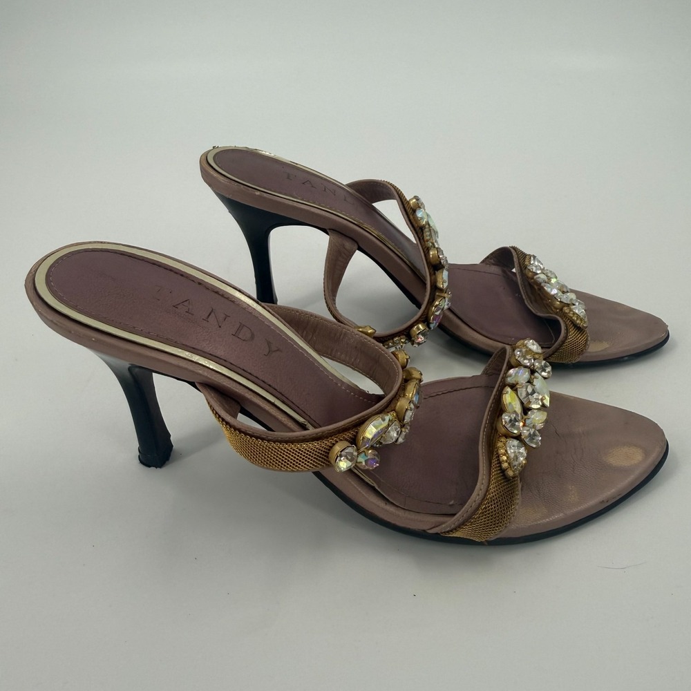 Tandy Stiletto Heel Sandals Womens Size 6.5 Bronze Embellished Open Toe